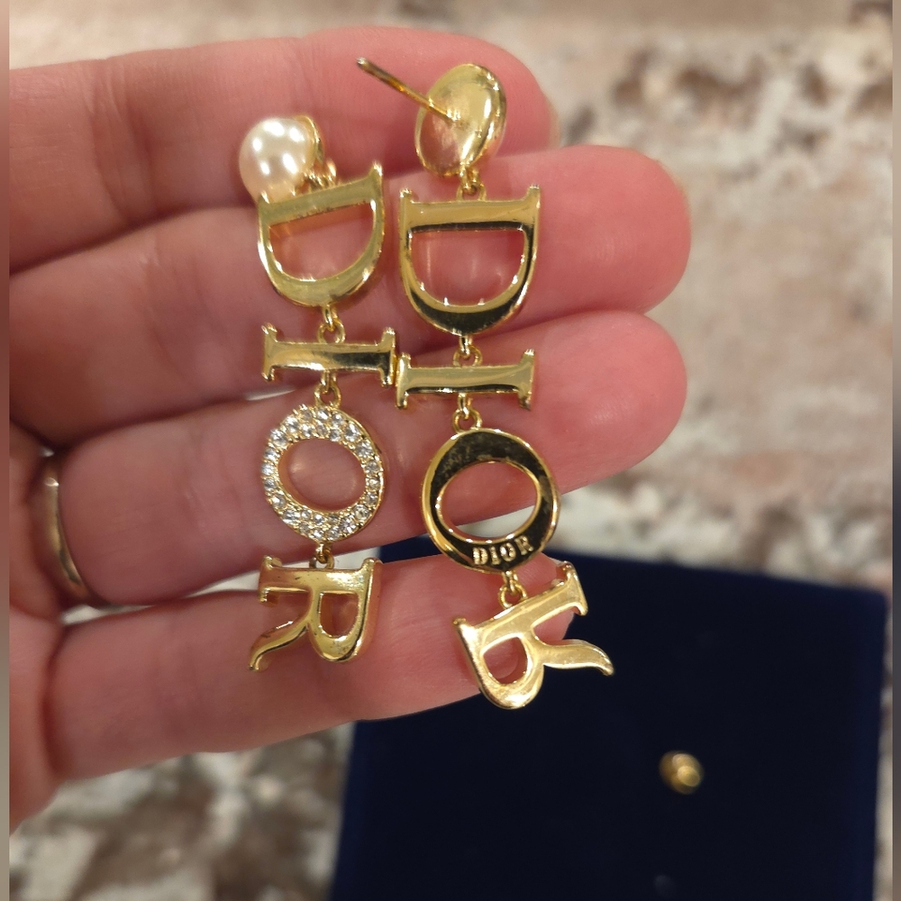 Dior Gold and Pearl Logo Earrings - Picture 3 of 5